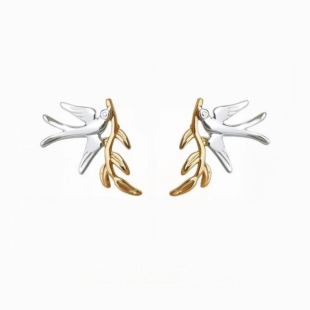 Designer Two Tone Gold Silver Plated Copper Swallow Stud Earrings Style Summer Jewelry
