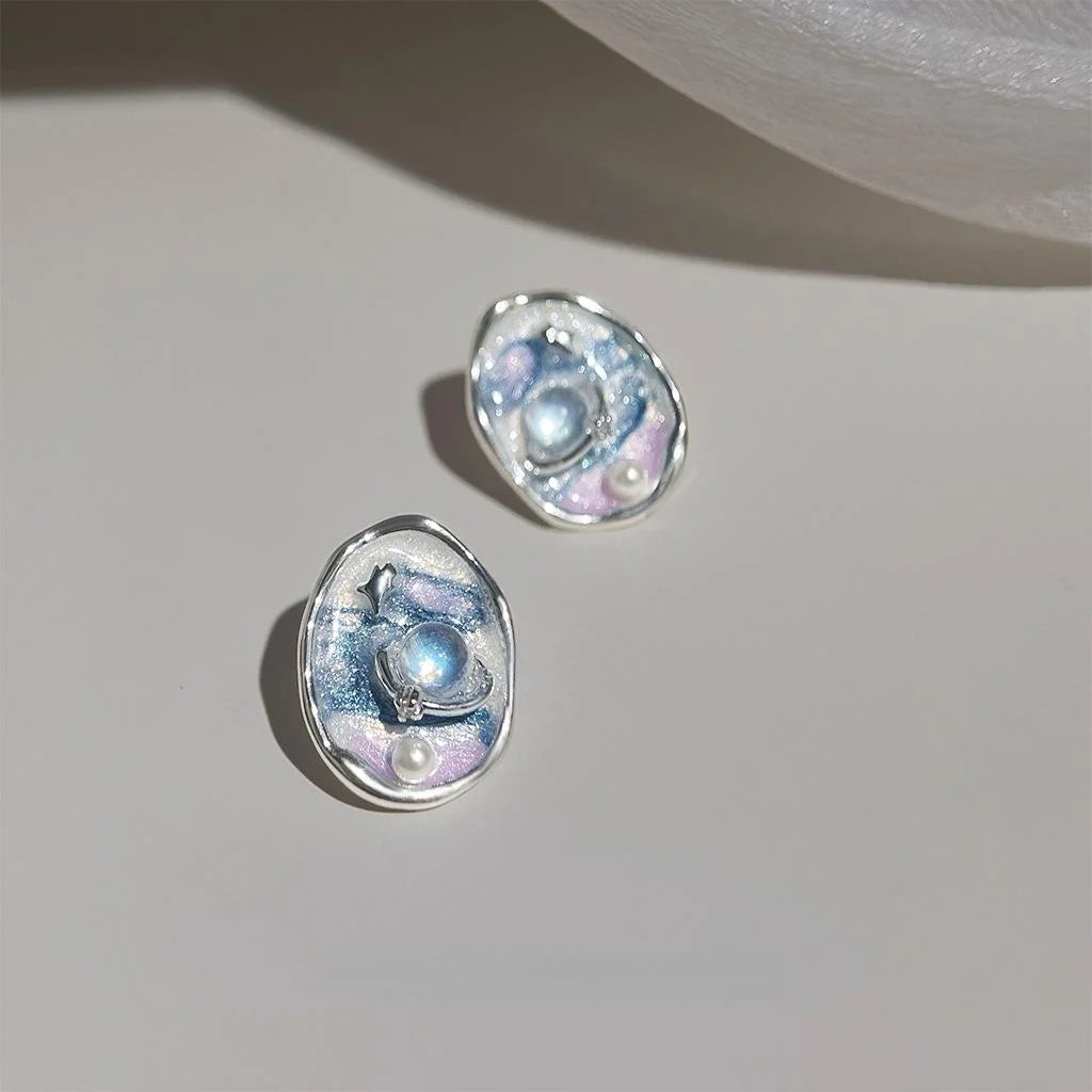 Niche Star Planet Enamel Drip Copper Stud Earrings For Women