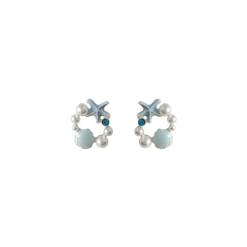 Copper Starfish Shell Enamel Stud Earrings With Pearl Ocean Wave Sweet Elegant Style