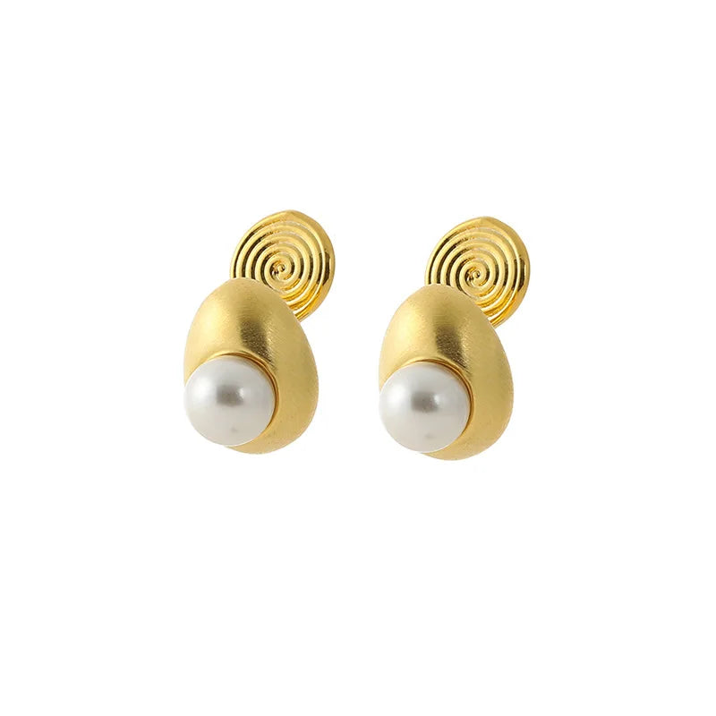Elegant Luxury Brushed Gold Alloy Oval Teardrop Pearl Stud & Clip On No Piercing Women's Fashion Earrings
