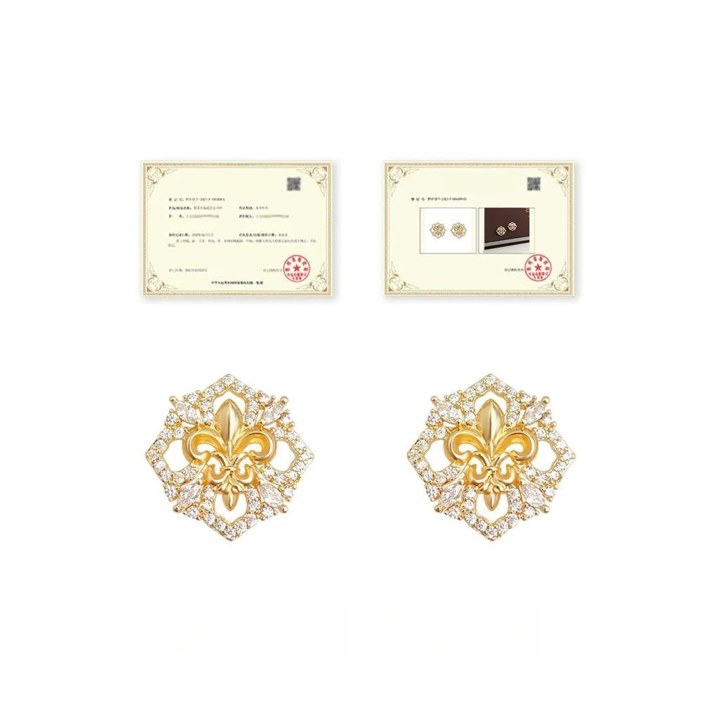 14K Plated Copper Iris Flower Stud Earrings Micro Pave Zircon Luxury Women's Jewelry