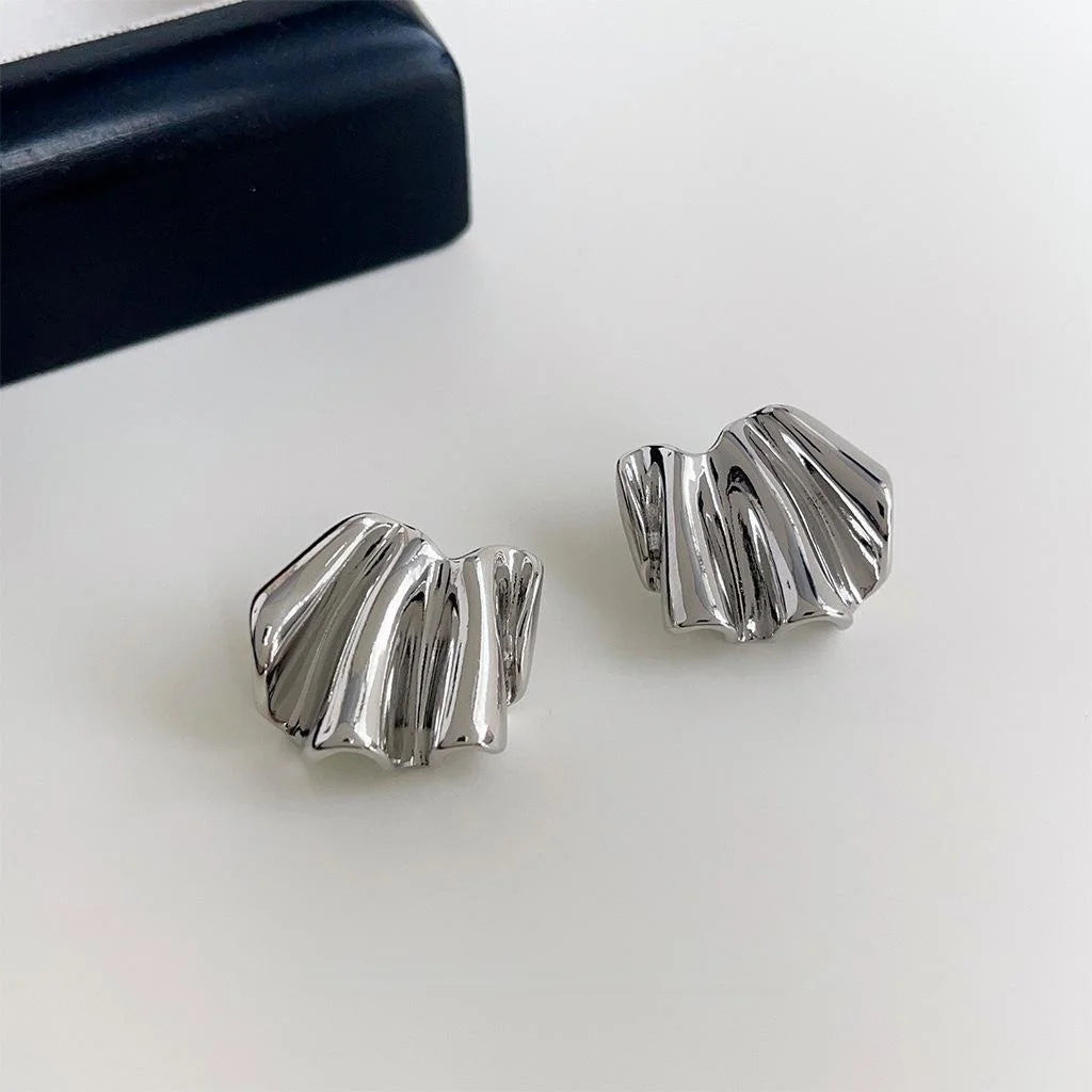 European American Geometric Pleated Copper Drop Earrings With Smooth Metal Finish