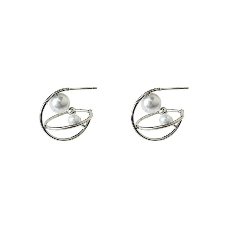 Silver Plated Copper Geometric Hollow Pearl Stud Earrings Artistic OL Fashion Jewelry