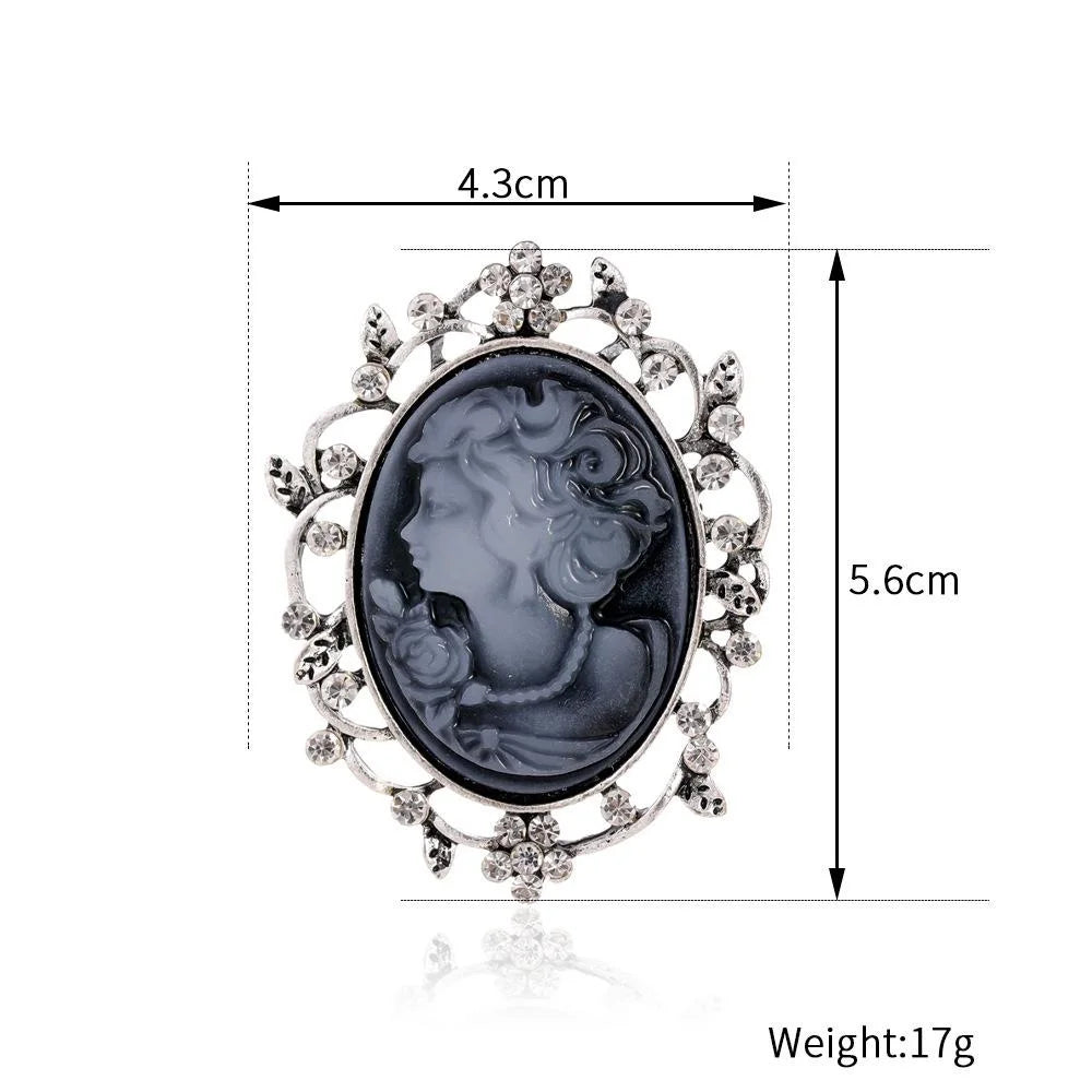 Vintage Lady Cameo Brooch With Rhinestone Alloy Frame, Elegant European Lapel Pin Suit Accessory Gift