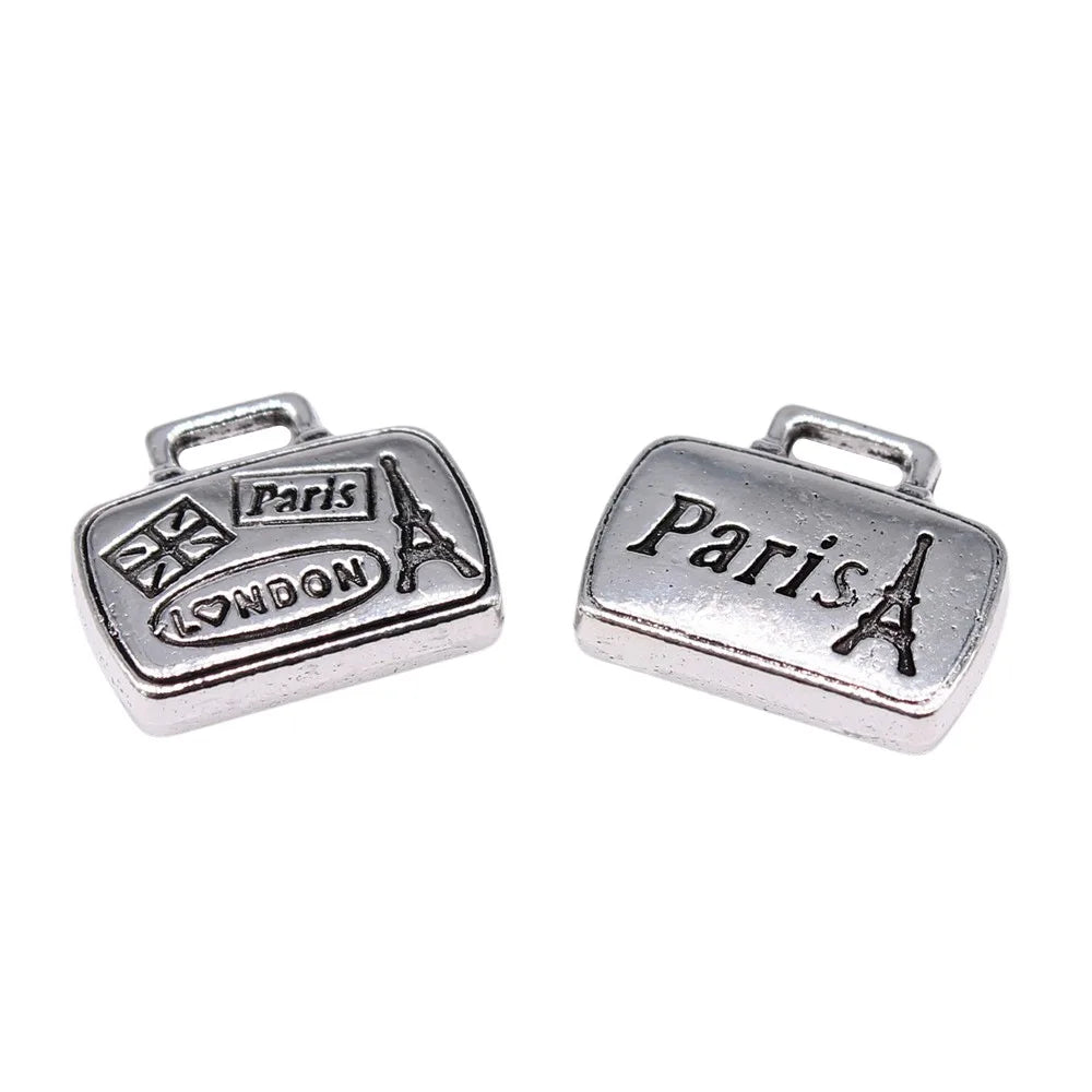 16x14mm 3.57g Antique Silver Zinc Alloy Paris London Luggage Bag Charm Pendant for Travel Jewelry