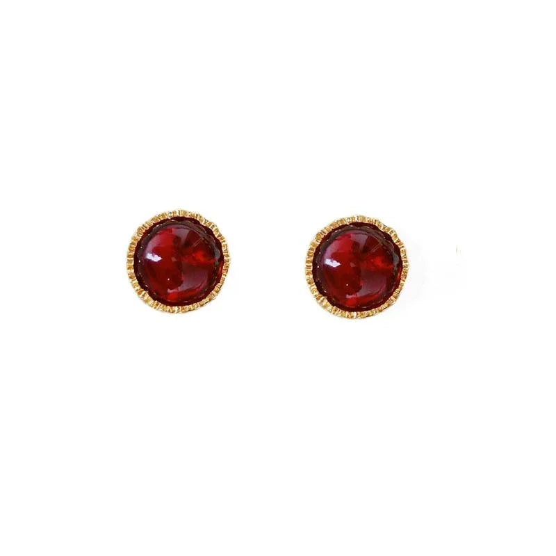Vintage Palace Round Resin Ruby Stud Earrings 14K Gold Plated Burgundy Jewelry