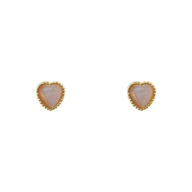 Silver Plated Copper Mini Heart Glass Cat Eye Stone Stud Earrings Korean Fresh Style