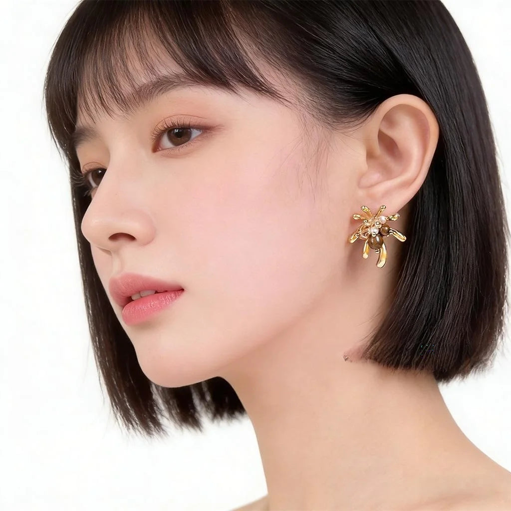 Maillard Style Tiger Eye Pearl Firework Drop Earrings Vintage French Jewelry
