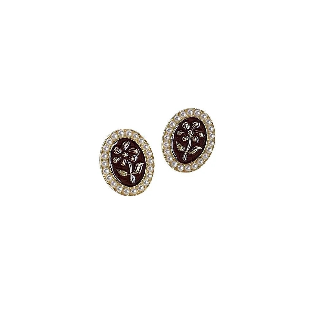 Vintage Burgundy Alloy Pearl Flower Stud Earrings Handmade Enamel Oval Hepburn Style