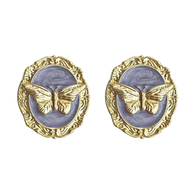 French Vintage Copper Butterfly Geometric Stud Earrings With Oil Painting Enamel Finish