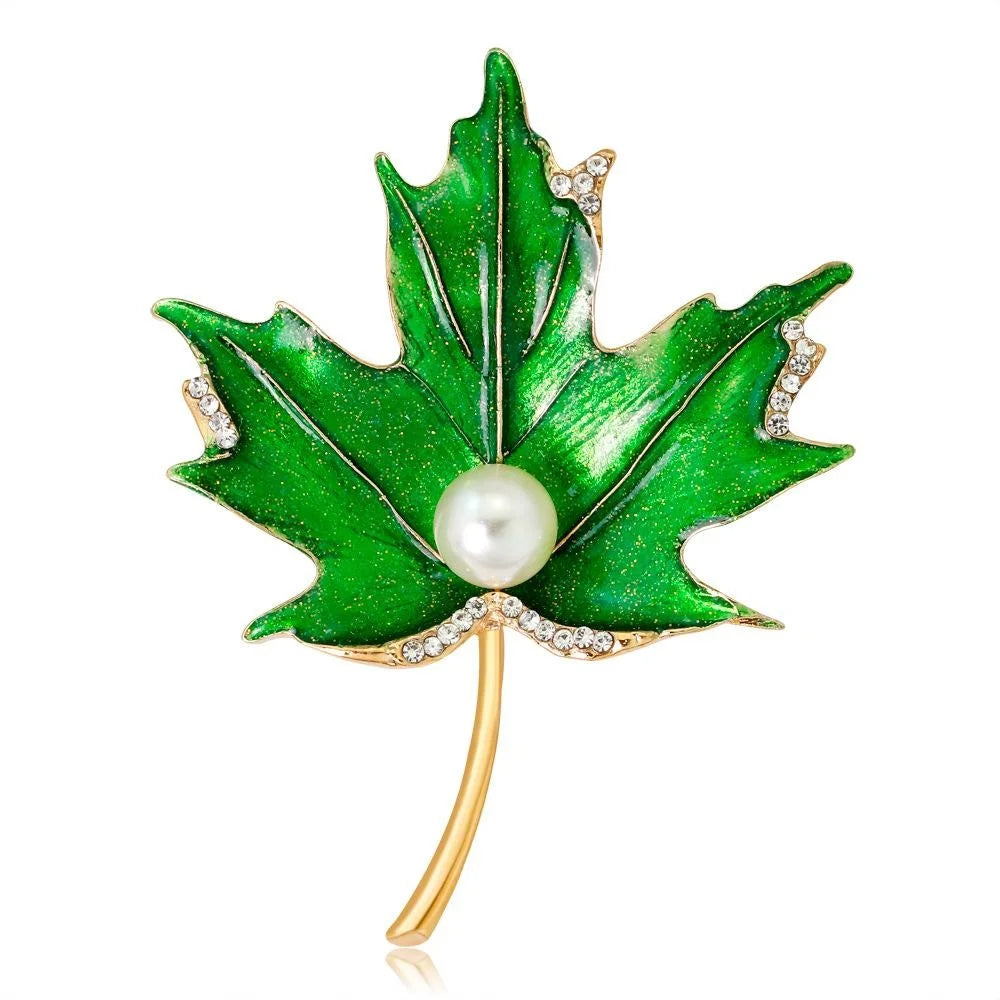 Elegant Orange Enamel Maple Leaf Brooch With Rhinestones And Pearl, Alloy Lapel Pin Corsage Suit Accessory