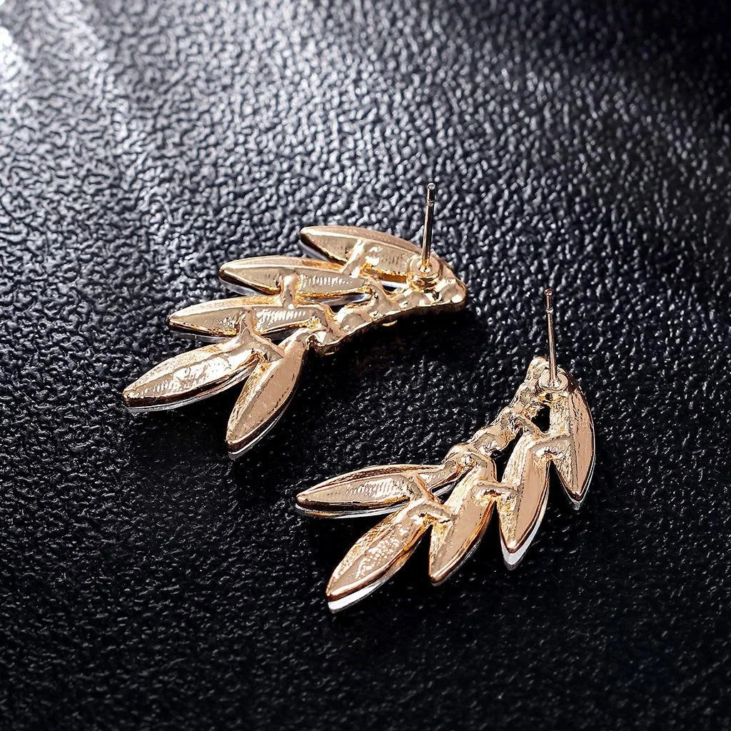 Elegant Gold Alloy Glass Crystal Leaf Wing Climber Earrings With Rhinestones For Wedding Party Gift