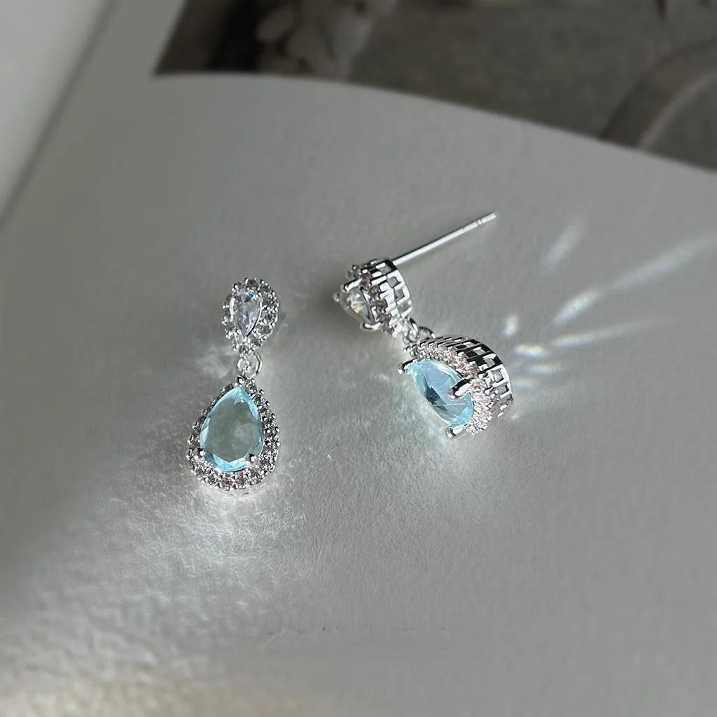 Light Luxury Aquamarine Teardrop Zircon Drop Earrings Eco Copper Geometric Women's Jewelry