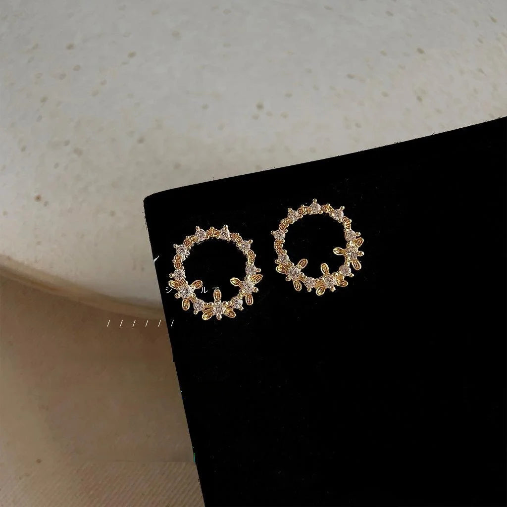 14K Plated Copper Floral Wreath Zircon Stud Earrings Korean Sweet Minimalist Jewelry