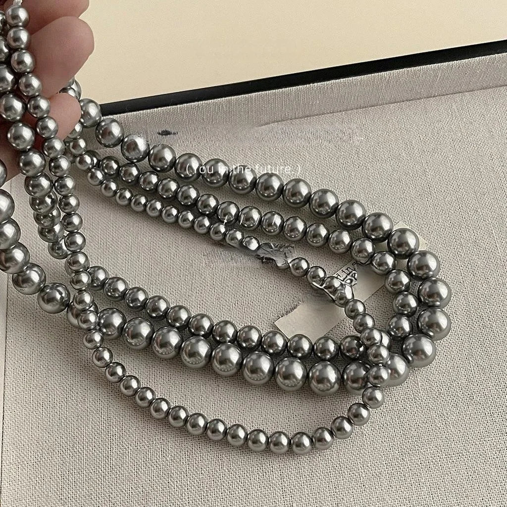 Luxury Gray Round Glass Pearl Necklace For Women Minimalist Geometric Choker Jewelry