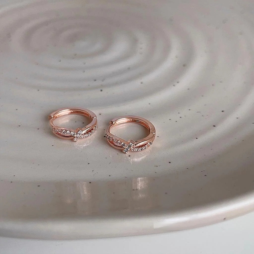 Rose Gold Plated Copper Knot Drop Earrings With Micro Pave Zircon, Geometric Round Minimalist Jewelry