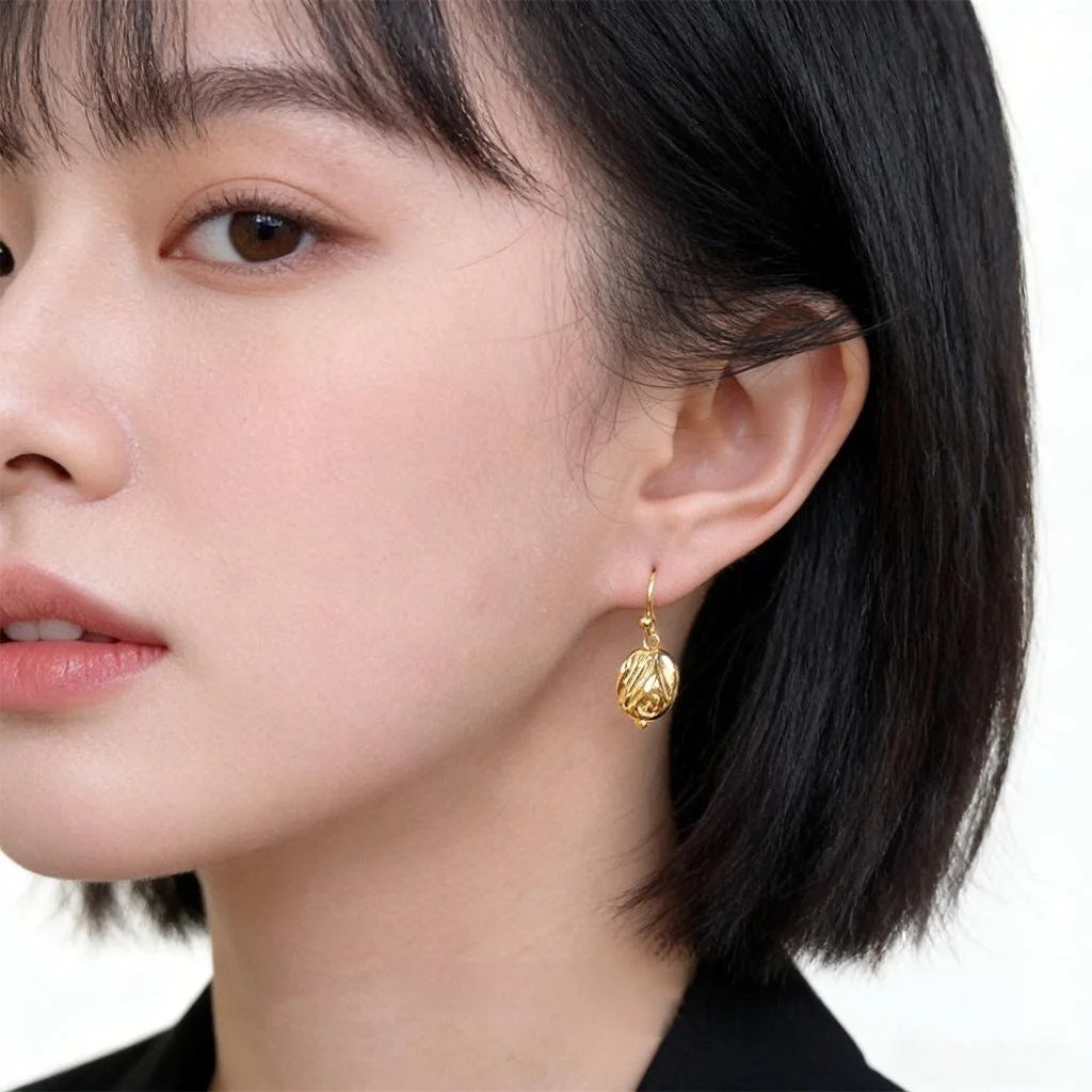 Thick Real Gold Plated Copper Geometric Round Textured Minimalist Light Luxury Drop Earrings