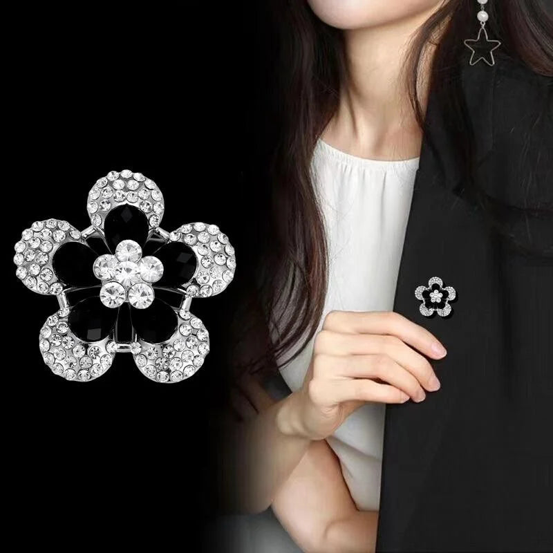 Luxury Black Flower Rhinestone Alloy Brooch, Elegant Crystal Lapel Pin Corsage Suit Accessory Gift