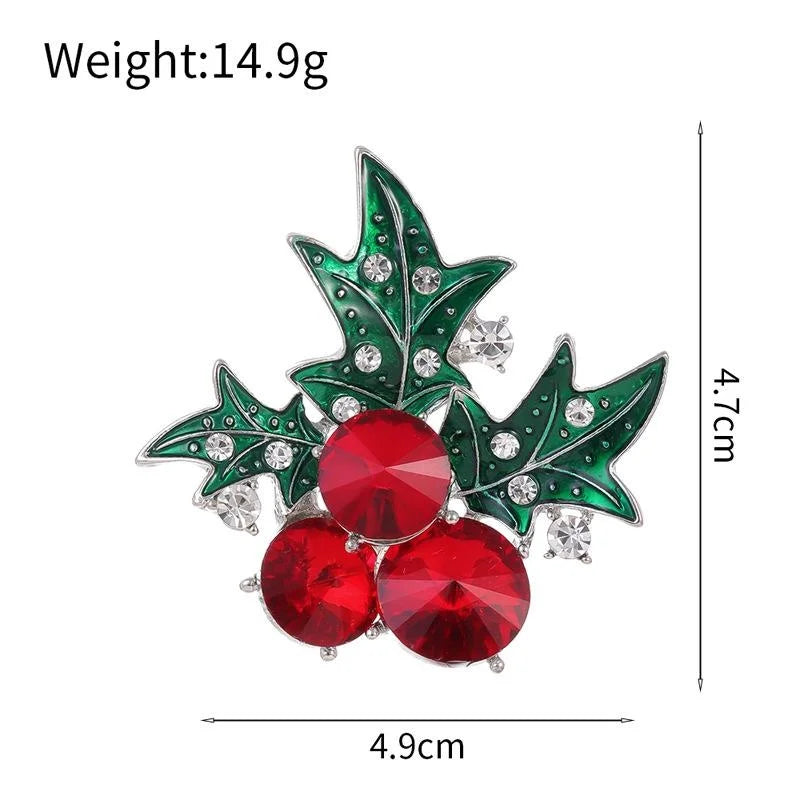 Elegant Christmas Red Cherry Brooch With Green Enamel Holly Leaves Rhinestone Lapel Pin Suit Gift