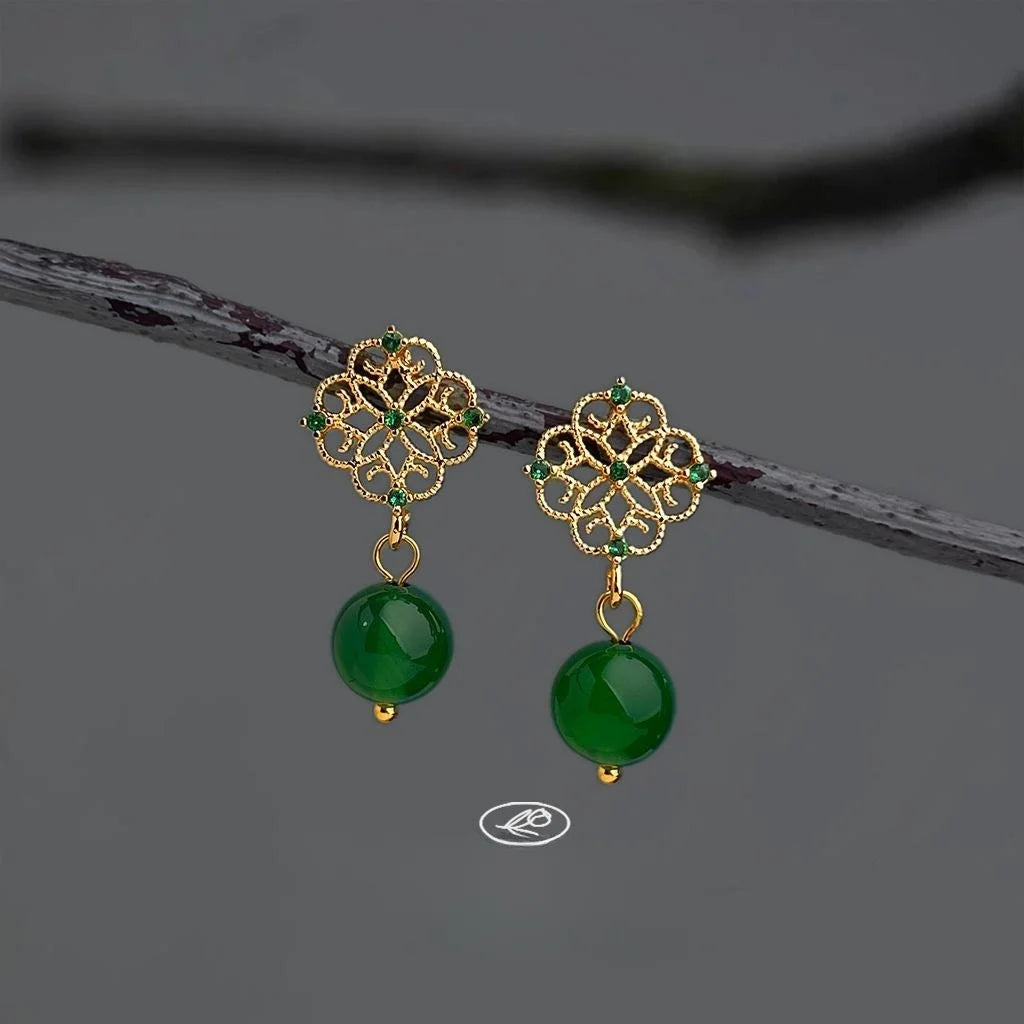 Vintage French 14K Gold Plated Copper Green Agate Zircon Micro Pave Stud Earrings