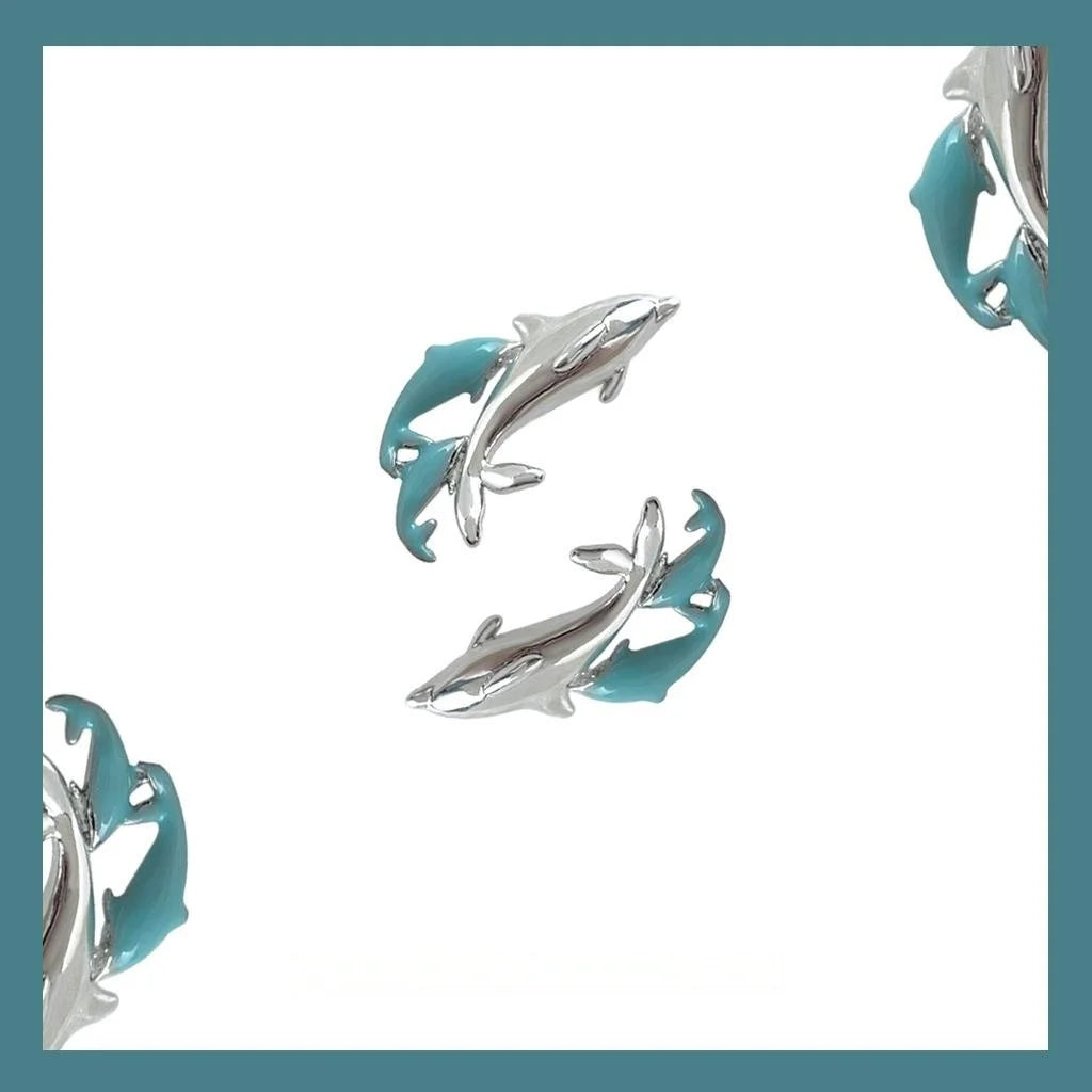 Silver Plated Copper Whale Dolphin Stud Earrings Ocean Animal Designer Sweet Cool Jewelry