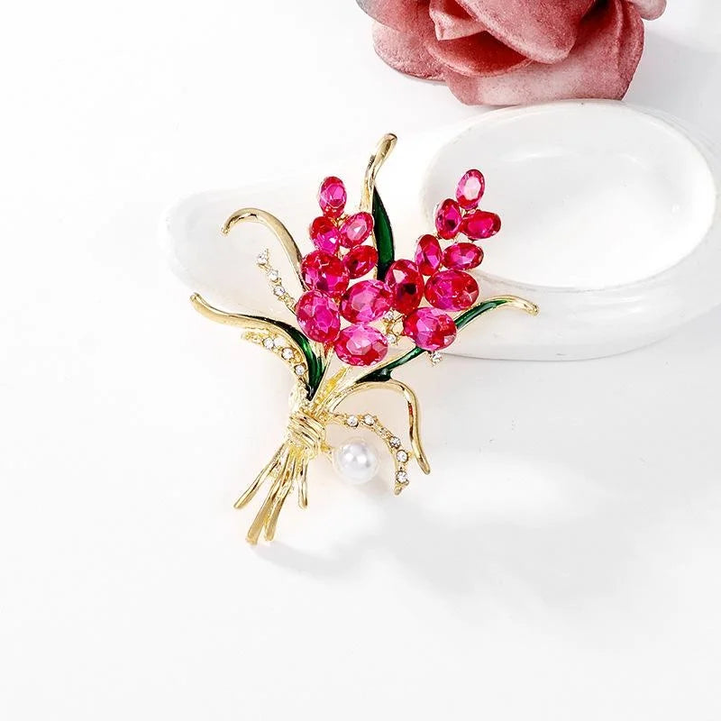 Elegant Red Rhinestone Wheat Bouquet Brooch With Pearl And Enamel Leaves, Gold Alloy Lapel Pin Gift