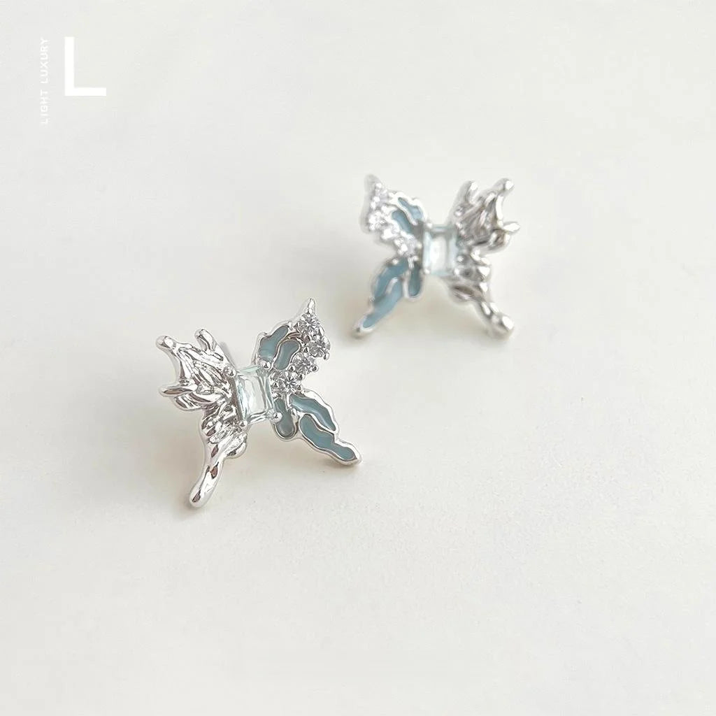 Original Design Blue Zircon Butterfly Liquid Copper Stud Earrings Sweet Cool Irregular Style