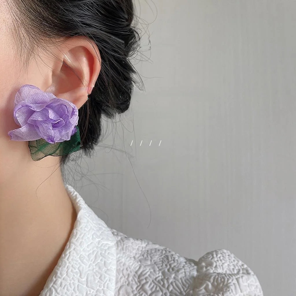 Forest Fairy Fabric Mesh Rose Flower Stud Earrings Silver Plated Pin Sweet Statement Jewelry