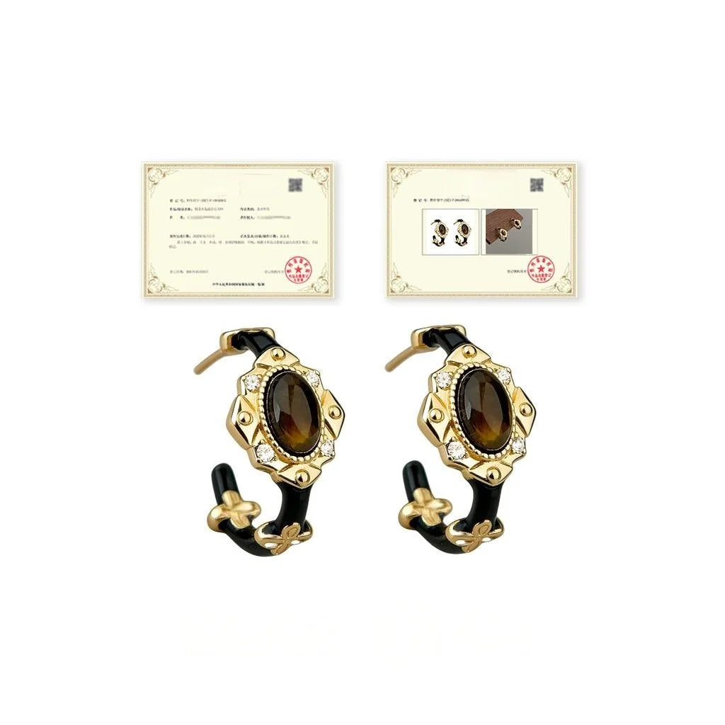 Vintage Maillard Tiger Eye Enamel Drip Glaze Copper Black Gold Round Drop Earrings With Zircon