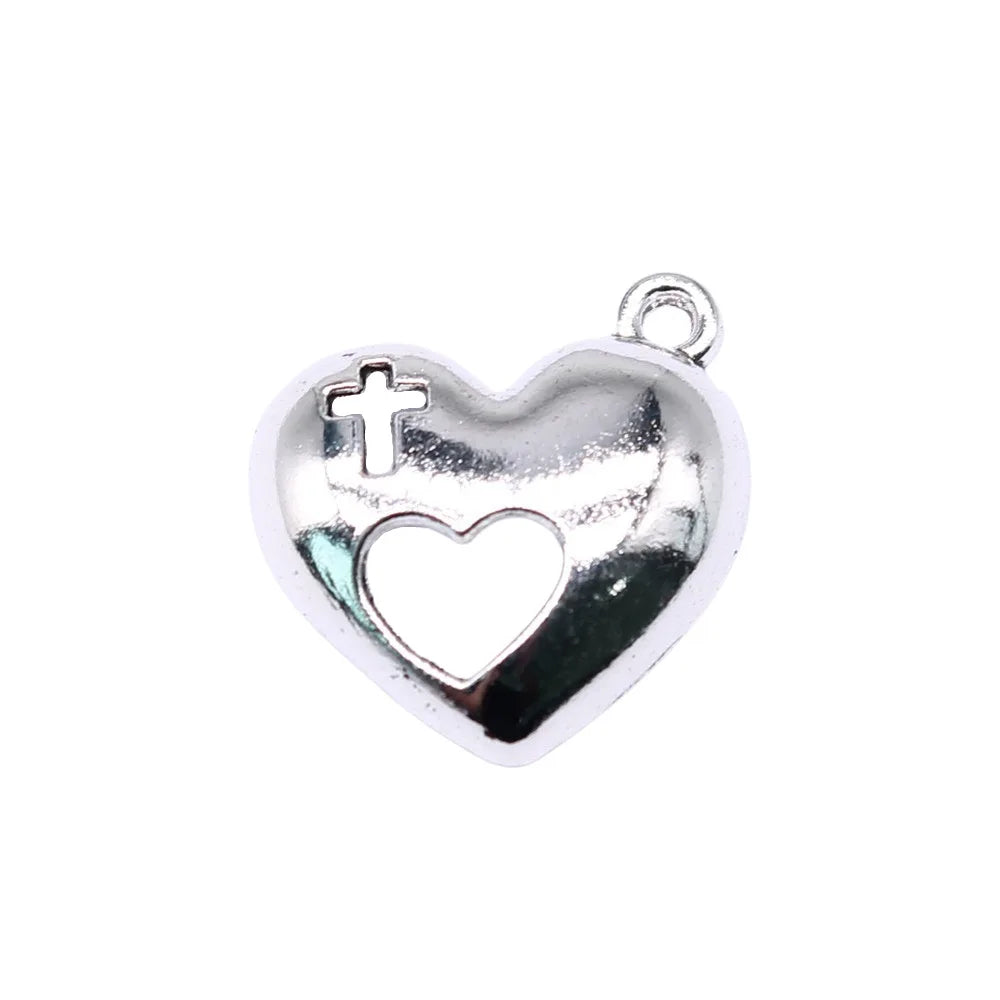 21x19mm 2.1g Antique Silver Zinc Alloy Cross Heart Charm Pendant for DIY Religious Jewelry Making