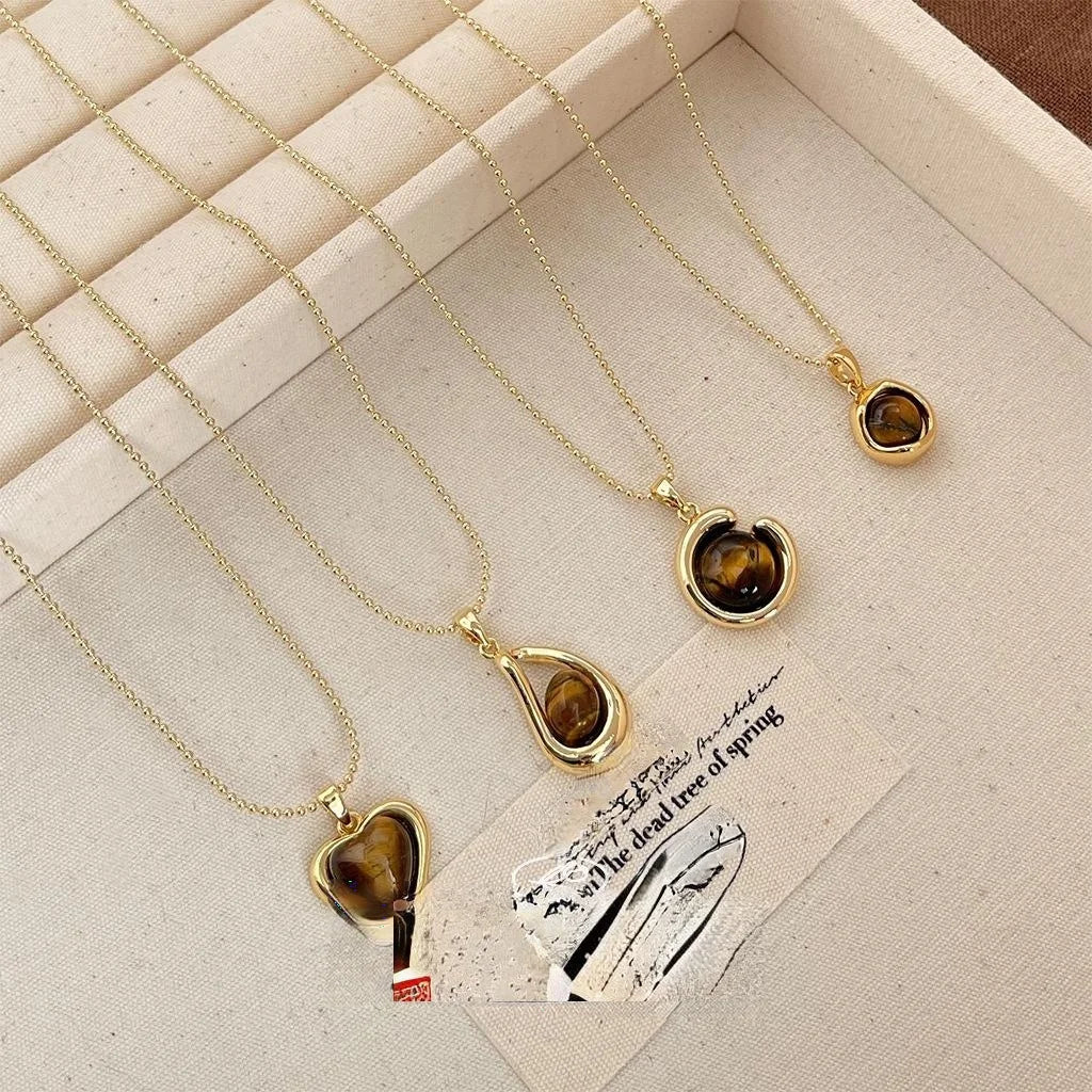 18K Gold Plated Tiger Eye Geometric Round Oval Pendant Necklace Vintage Clavicle Chain