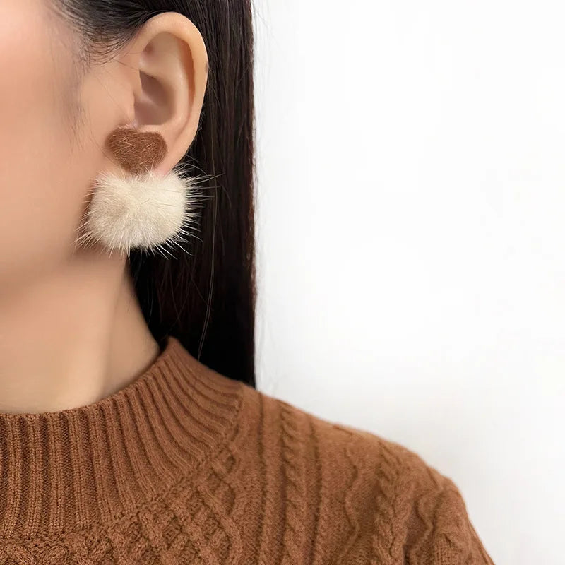 Elegant Soft Plush Heart And Mink Fur Ball Stud & Clip On No Piercing Winter Dangle Earrings
