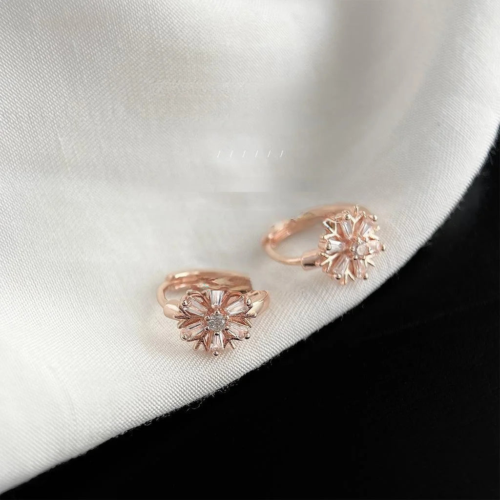 Rose Gold Plated Copper Snowflake Stud Earrings With Micro Pave Zircon Minimalist Style