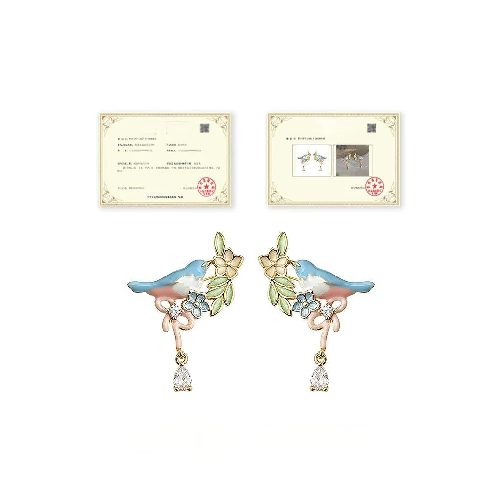 Sweet Pastoral Copper Enamel Bird Drop Earrings With Micro Pave Zircon