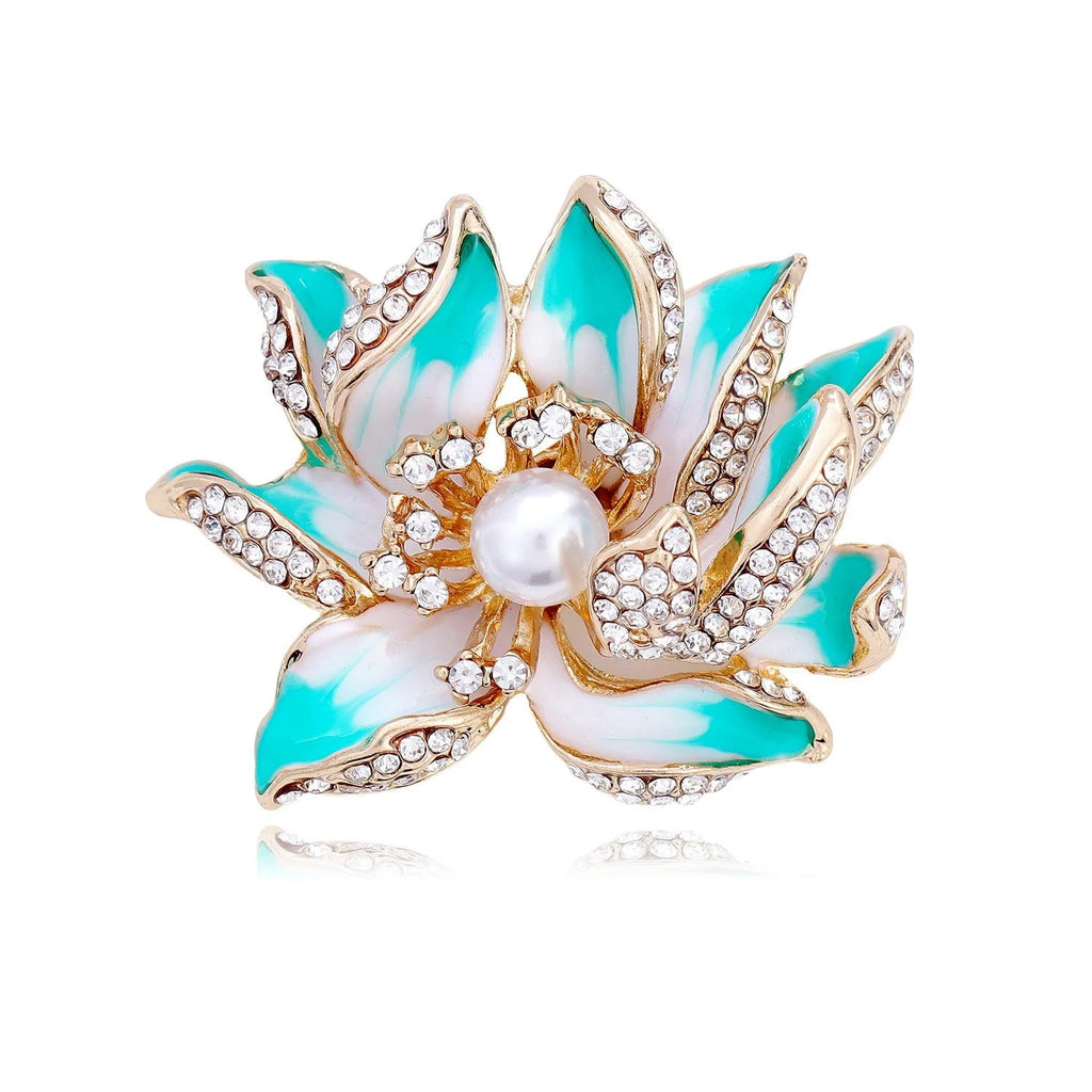 Elegant Enamel Lotus Flower Brooch With Pearl Rhinestones, Chinese Style Lapel Pin Corsage Gift For Qipao