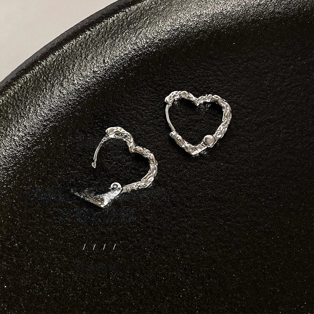 Minimalist Metal Textured Heart Drop Earrings, Chic Cold Style Niche Design Jewelry