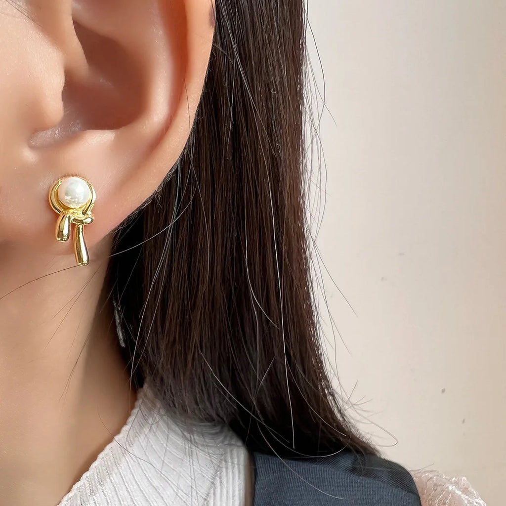 Elegant Luxury Gold Alloy Knotted Pearl Spiral Stud & Clip On No Piercing Statement Earrings