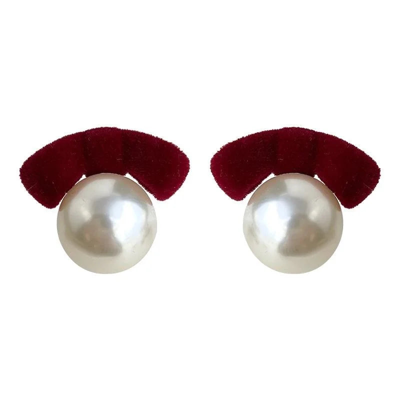 Vintage Hong Kong Style Burgundy Flocked Bow Pearl Stud Earrings
