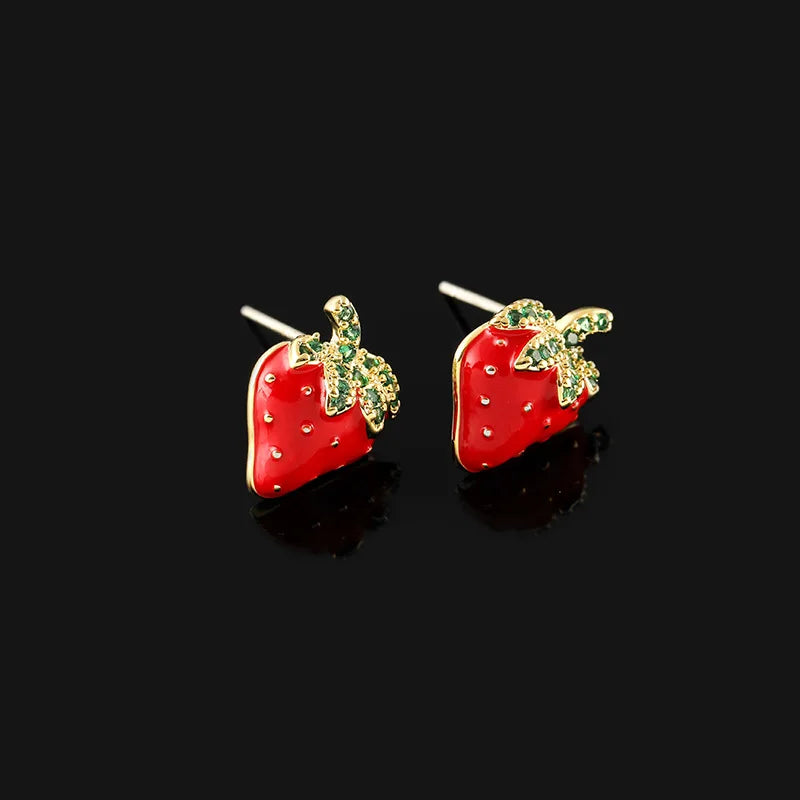 Cute Red Strawberry Gold Tone Enamel Rhinestone Luxury Fruit Stud & Clip On No Piercing Earrings