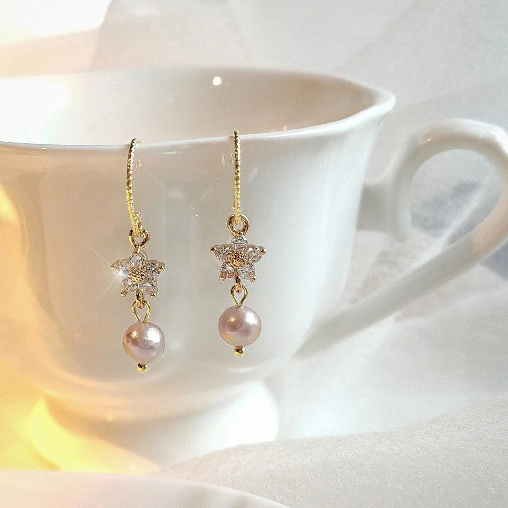 14K Gold Plated Copper Freshwater Pearl Zircon Flower Drop Earrings Elegant French Style