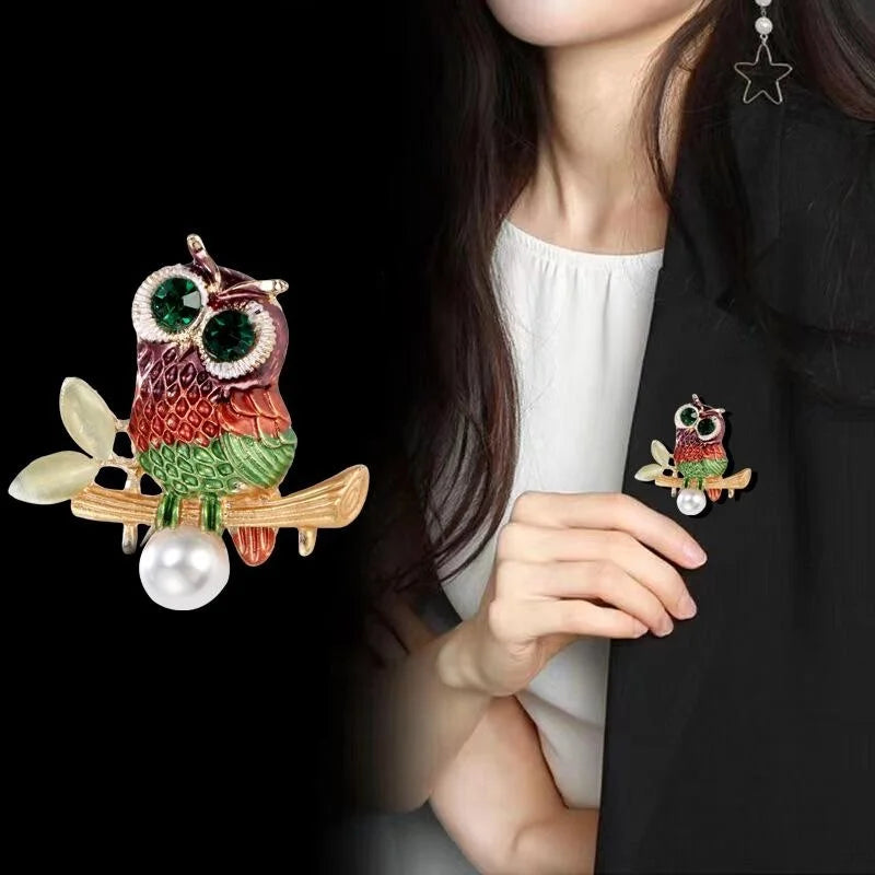 Cute Colorful Enamel Owl Brooch With Green Rhinestone Eyes And Pearl Drop, Elegant Lapel Pin Gift