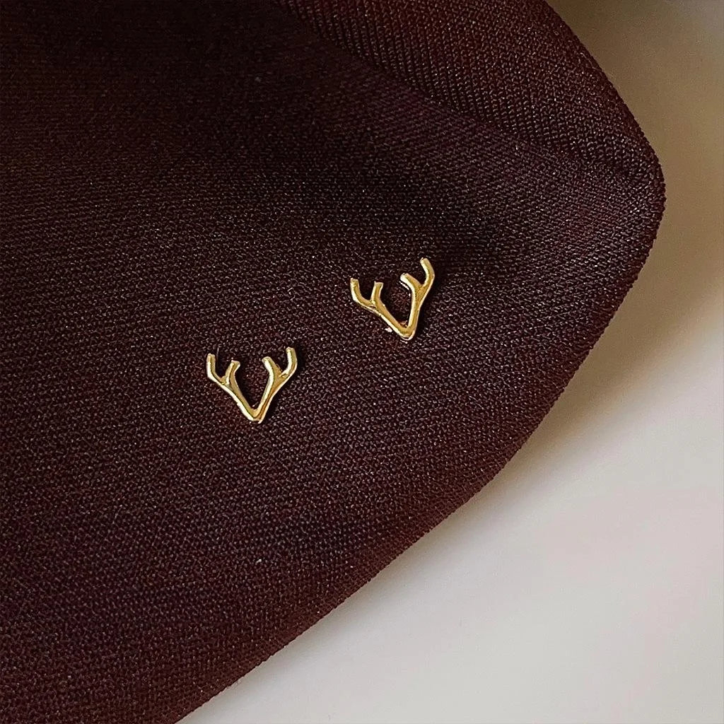 Minimalist Copper Mini Deer Antler Stud Earrings, Silver Plated French Vintage Geometric Jewelry