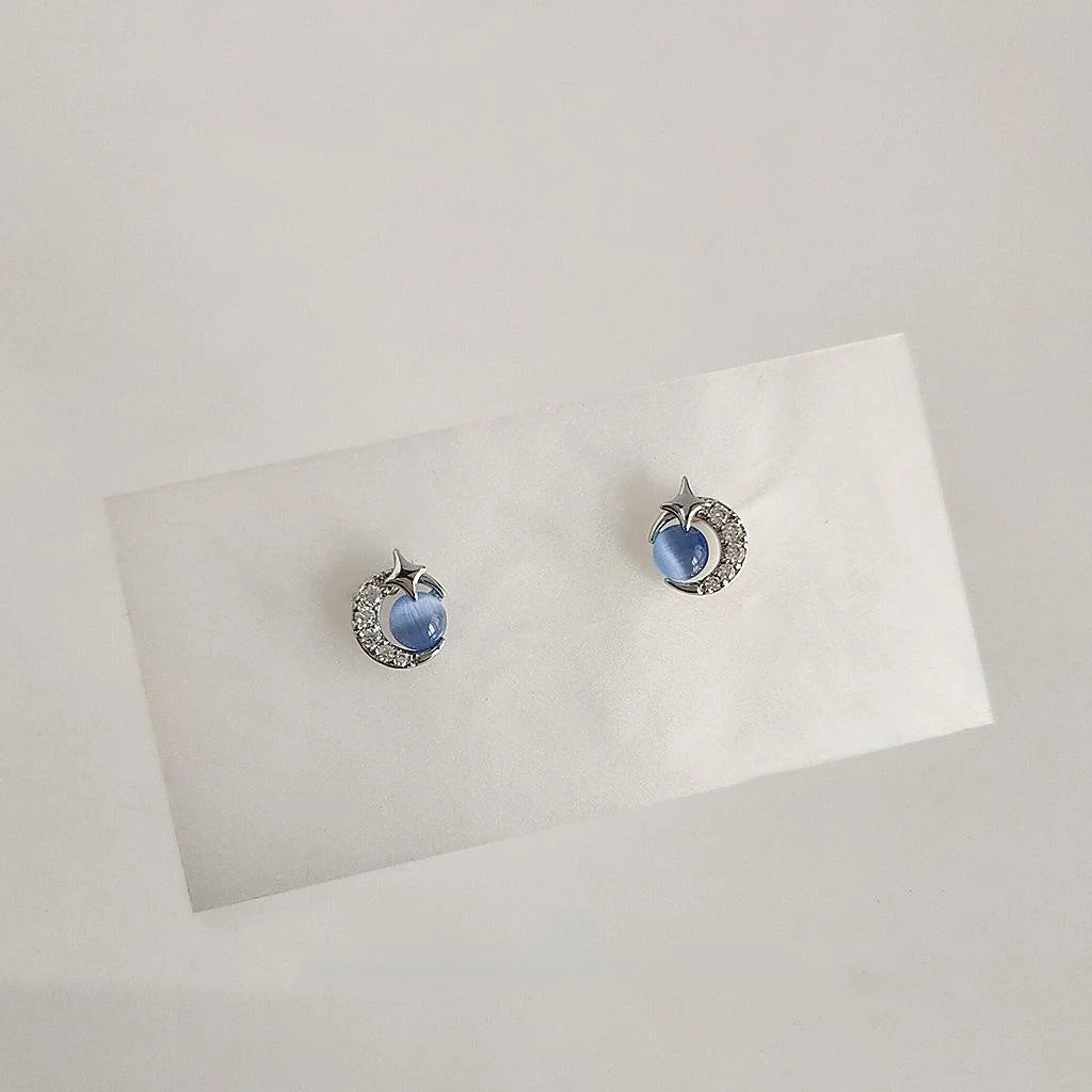 Minimalist Round Glass Cat Eye Stone Micro Pave Zircon Stud Earrings