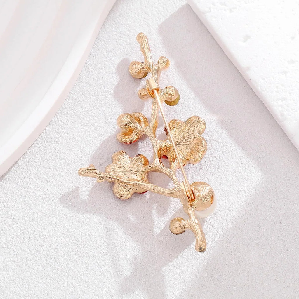 Elegant Red Enamel Flower Branch Brooch With Rhinestone And Pearl Accents, Women's Lapel Pin Gift