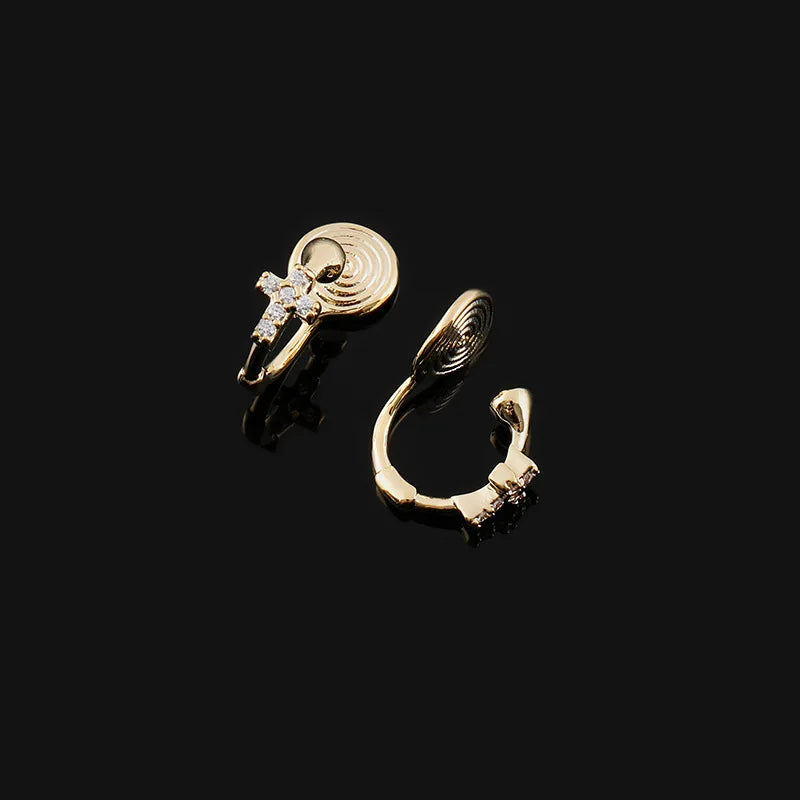 Elegant Mini Cross Rhinestone Spiral Hoop Stud & Clip On No Piercing Commuter Ear Cuff Earrings