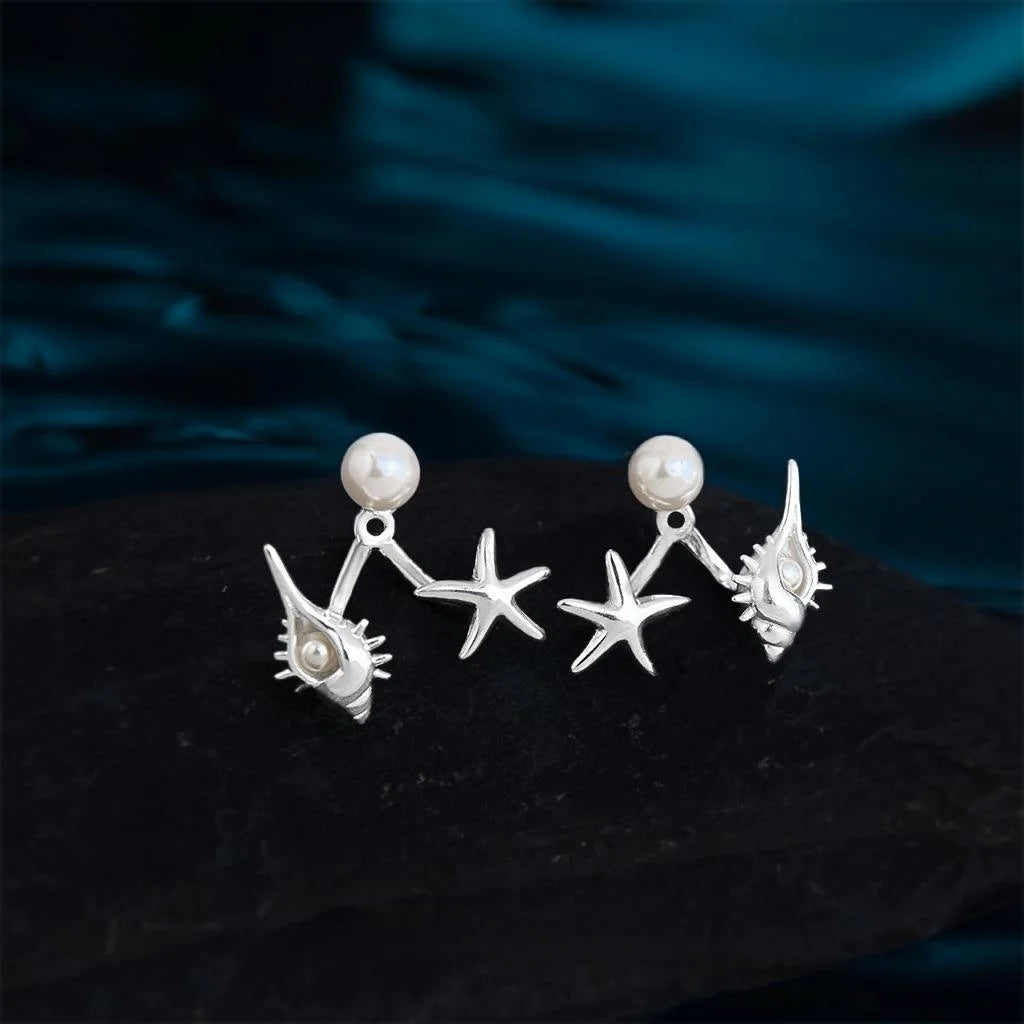 Vacation Style Conch Starfish Back Hanging Stud Earrings Copper Beach Jewelry