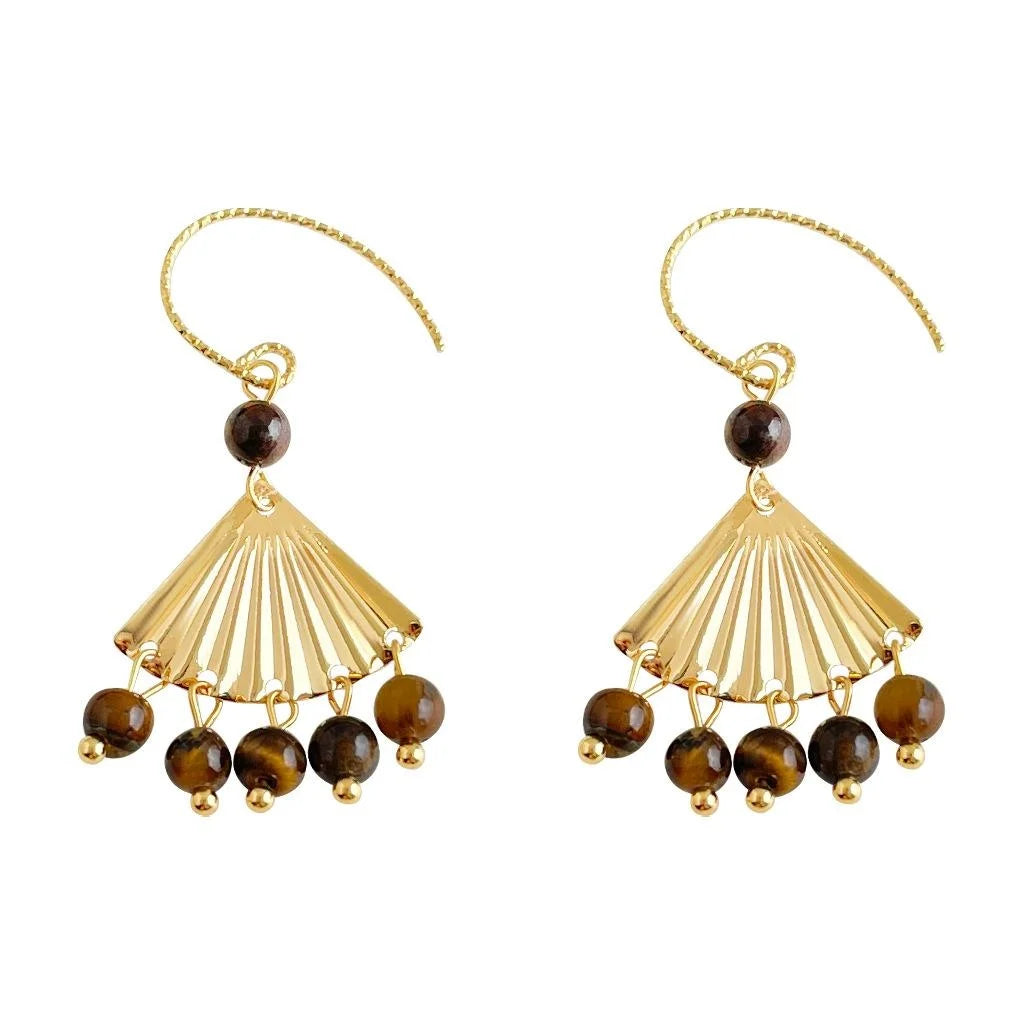 Maillard Vintage Copper Natural Tiger Eye Fan Tassel Drop Earrings For Women