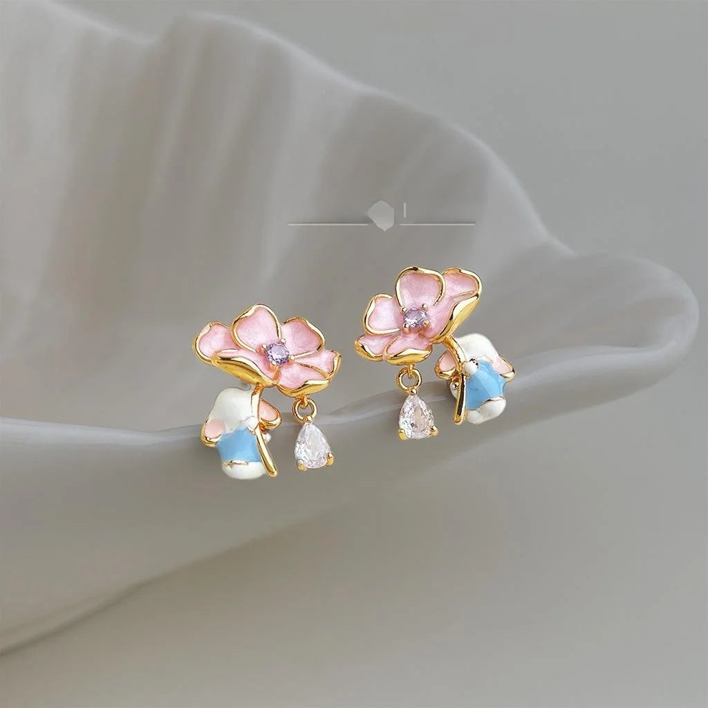 Cute Forest Rabbit Flower Drop Zircon Copper Stud Earrings, Niche Designer Animal Jewelry