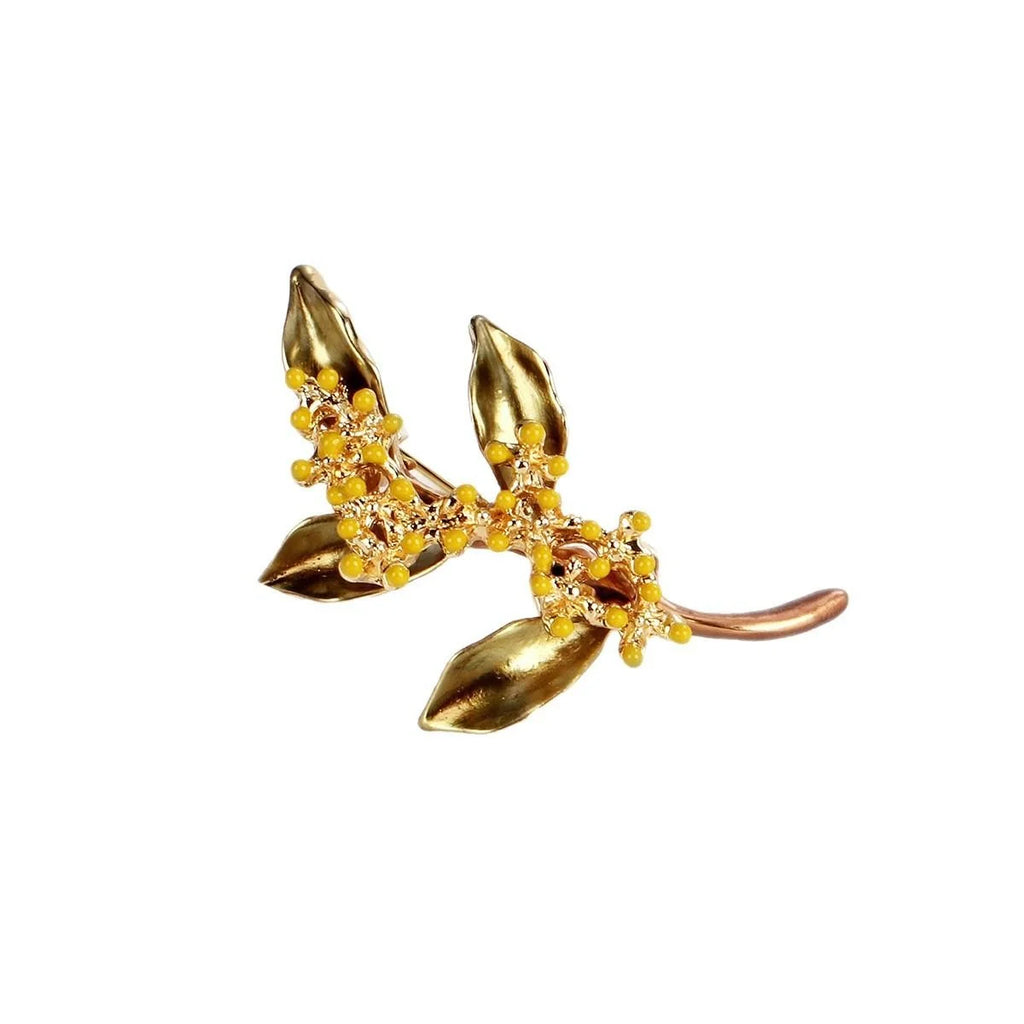 Elegant Osmanthus Flower Enamel Brooch With Gold Alloy Leaves, Women's Lapel Pin Corsage Suit Accessory