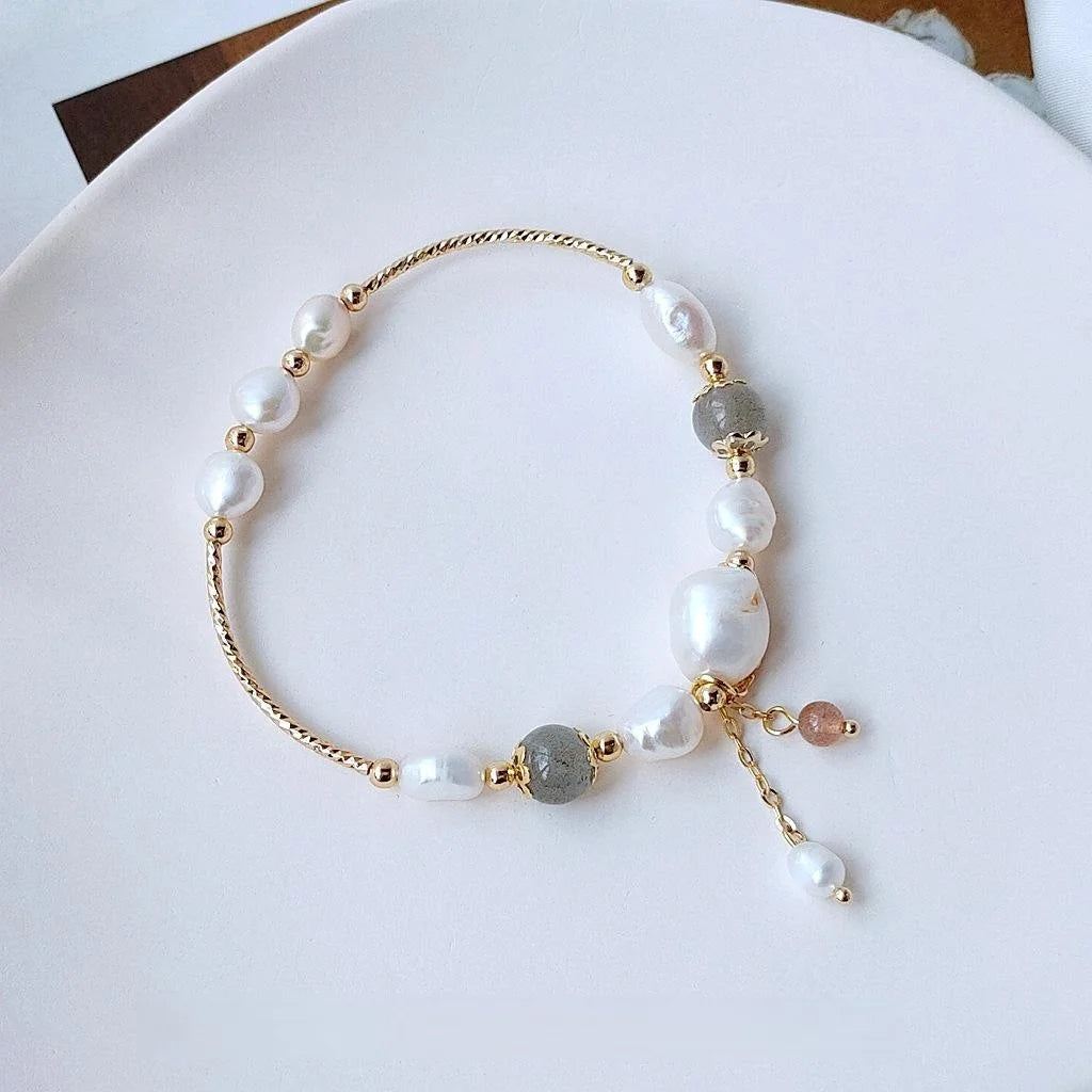 Handmade Freshwater Pearl And Moonstone Bracelet For Women Korean Minimalist Geometric Jewelry